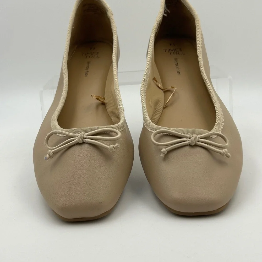 Time and Tru Ballet Flats Womens 11 Beige Square Toe Bow Memory Foam Balletcore